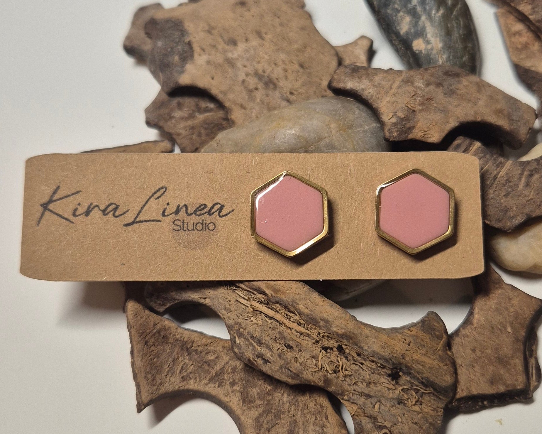 Ohrstecker 6eckig rosa/gold